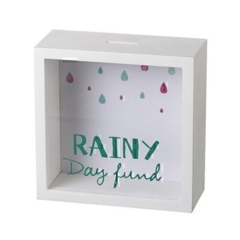 This Rainy Day See Through Money Box by Heaven Sends would be great for someone saving for something special. Featuring a white case and a rainy coloured backdrop the front of the money box is see through with the words Rainy Day Fund written on it so that you can see your savings piling up A great gift for a child teenager or an adult. Save up your Rainy Day Fund with this moneybox. Size: 18x7x18cm